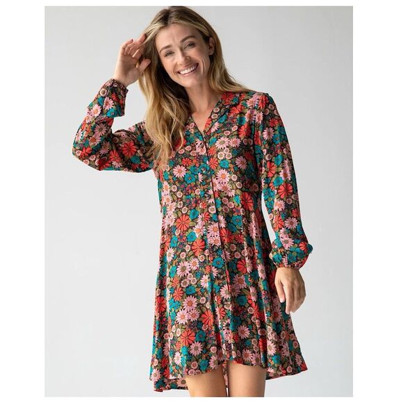 Natural Life Ansley Woven Tunic Shirt Dress Sz L Coral Floral Long Sleeve - Picture 2 of 13